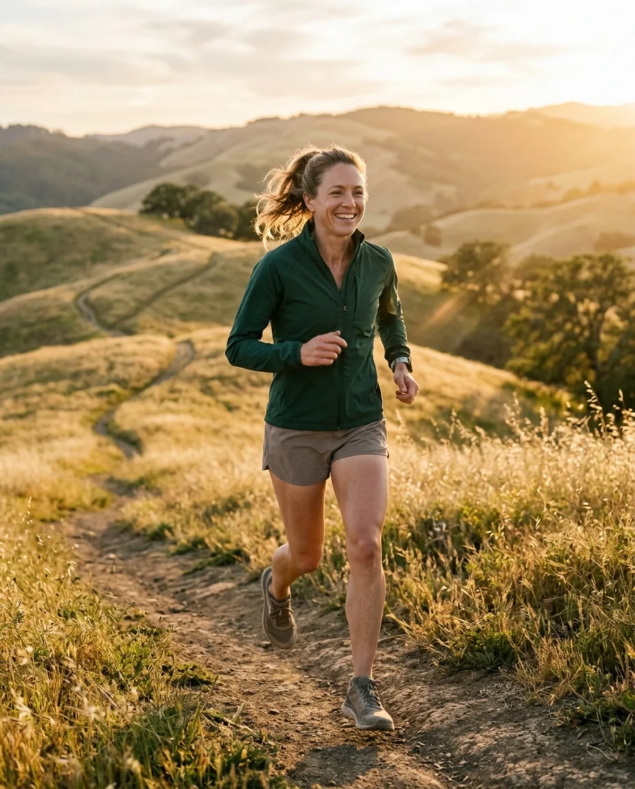 A woman trail running at golden hour