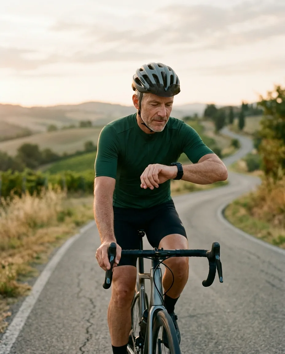 A man cycling at sunrise checking his sports watch