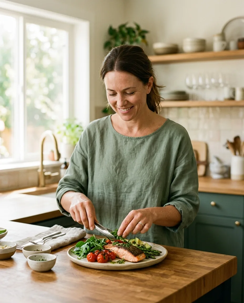 A woman plating a colorful balanced meal in a bright kitchen