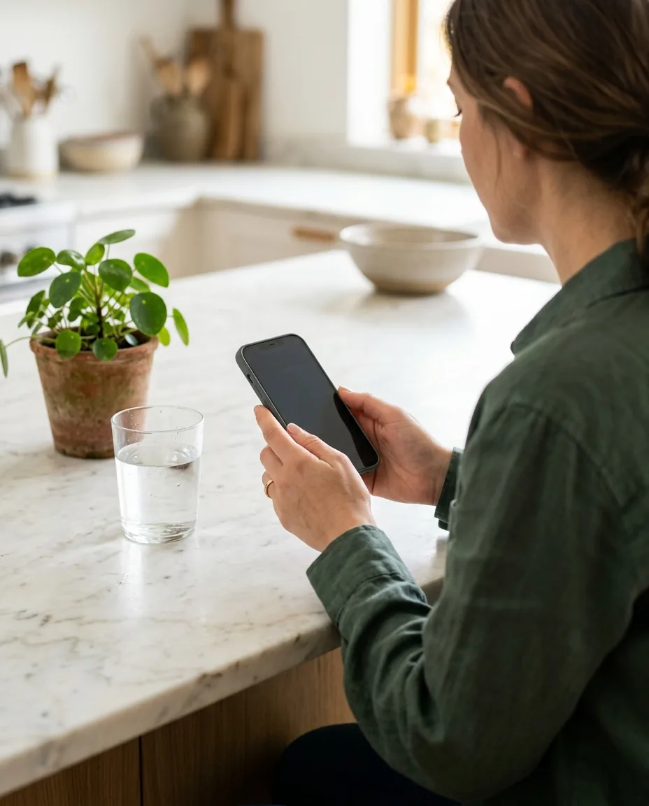 Signing up on a phone at a kitchen counter