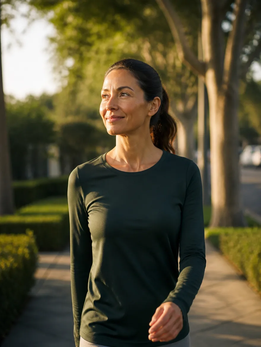 A woman on a brisk morning walk down a tree-lined street in golden light
