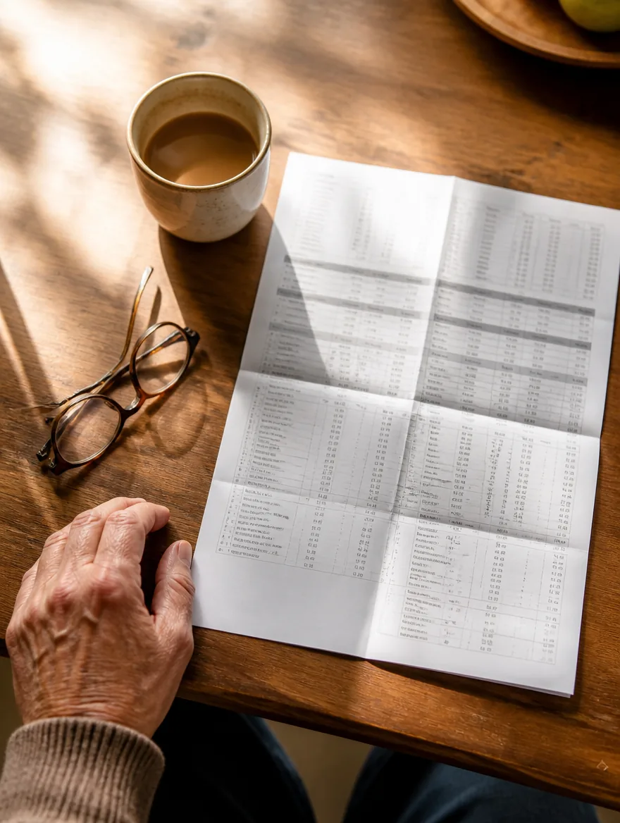 A folded lab results printout on a kitchen table beside a coffee cup