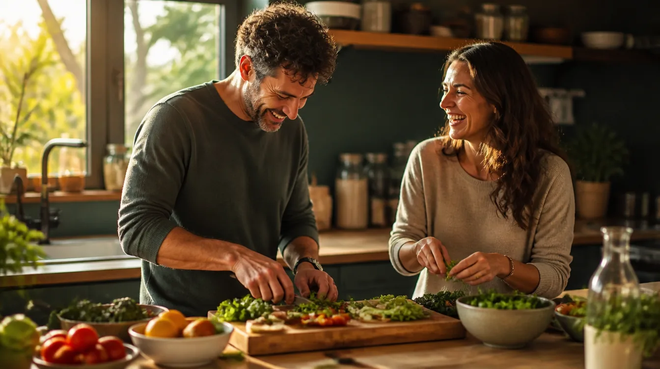 A couple in their forties cooking together in a bright kitchen
