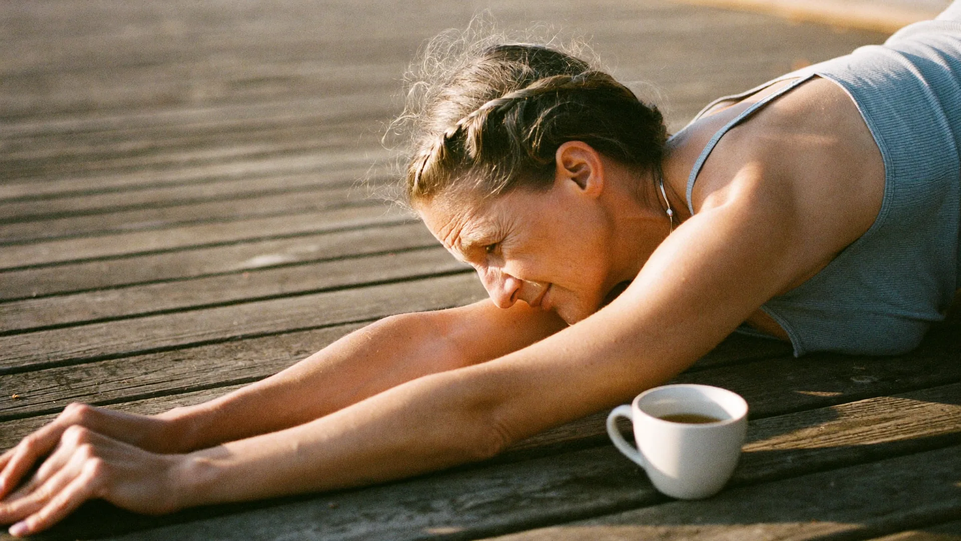 A woman in her forties stretching on a wooden deck at sunrise with a cup of tea beside her